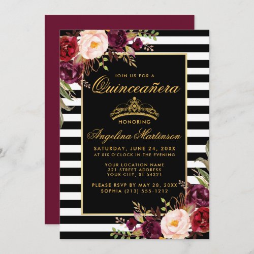 Burgundy Floral Gold Crown Stripes Quinceanera Invitation