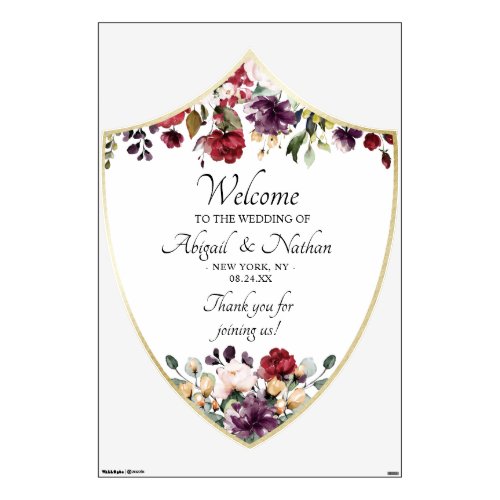 Burgundy Floral Gold Family Crest Wedding Welcome Wall Decal