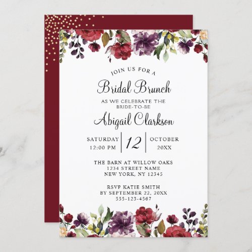 Burgundy Floral Gold Foil Bridal Brunch Shower Invitation