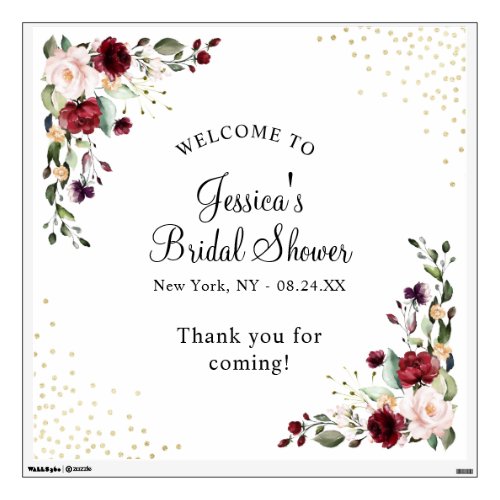Burgundy Floral Gold Foil Bridal Shower Welcome Wall Decal