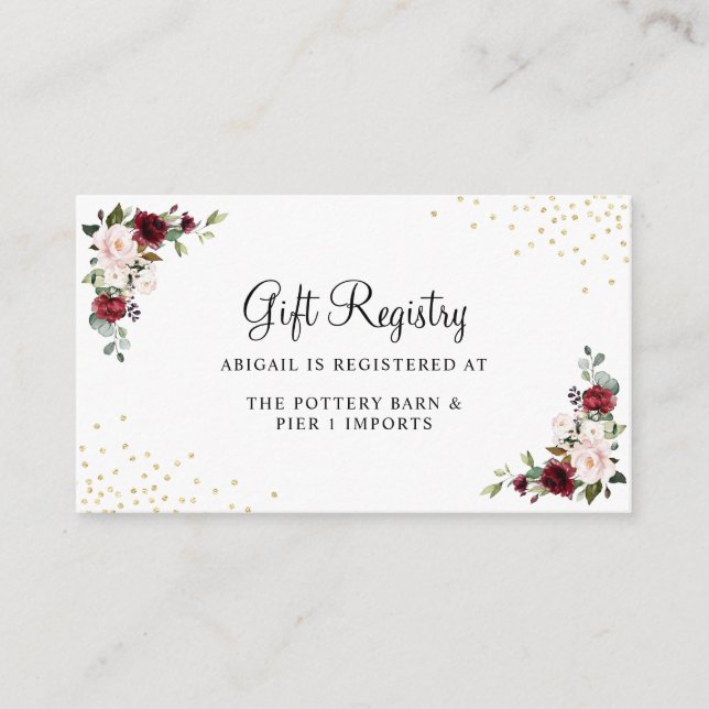 Burgundy Floral Gold Foil Chic Gift Registry Enclosure Card (Front)