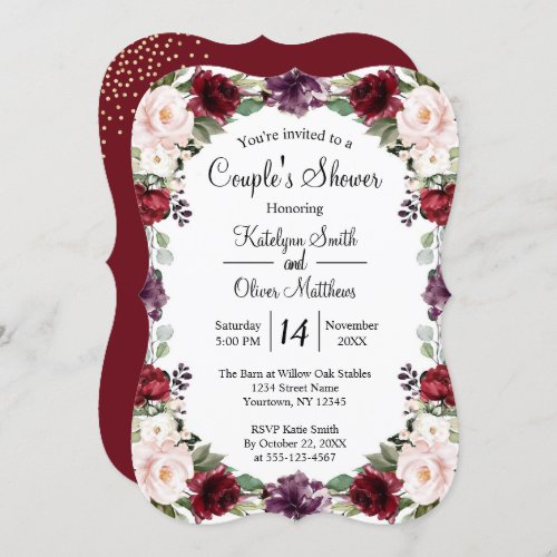 Burgundy Floral Gold Foil Couples Wedding Shower Invitation