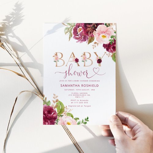 Burgundy floral gold foil fall baby shower invitation