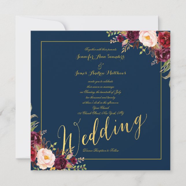 Burgundy Floral Gold Foil Navy Blue Wedding Invitation (Front)
