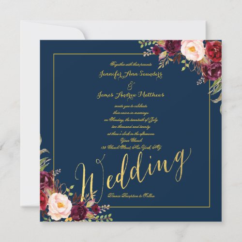 Burgundy Floral Gold Foil Navy Blue Wedding Invitation