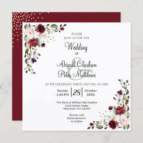 Burgundy Floral Gold Foil Square Wedding Invitation