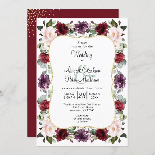 Burgundy Floral Gold Foil Watercolor Wedding Invitation