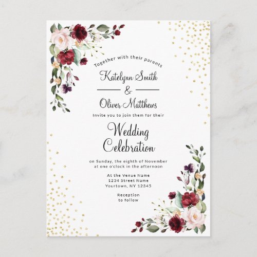 Burgundy Floral Gold foil Watercolor Wedding Invitation Postcard