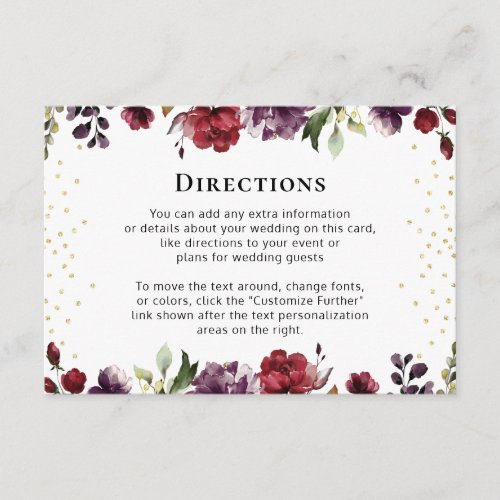Burgundy Floral Gold Foil Wedding Directions Enclosure Card
