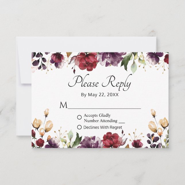 Burgundy Floral Gold Foil Wedding Please Reply RSVP Card (Front)