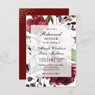 Burgundy Floral Gold Foil Wedding Rehearsal Dinner Invitation