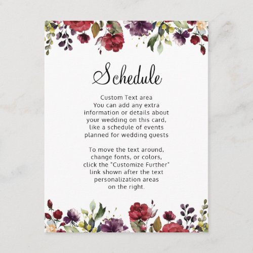 Burgundy Floral Gold Foil Wedding Schedule Enclosure Card