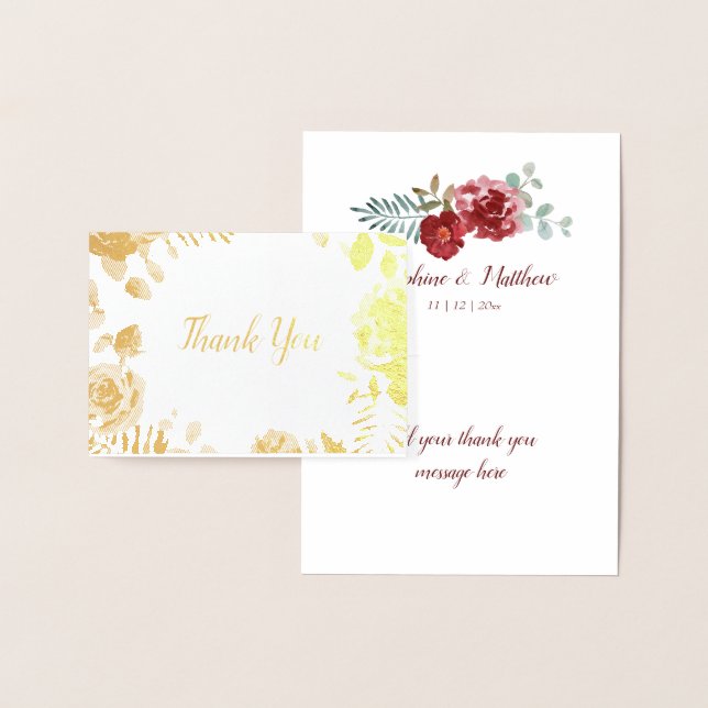 Burgundy Floral Gold Foil Wedding Thank You Note Card (Display)