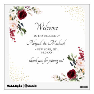 Burgundy Floral Gold Foil Wedding Welcome Sign Wall Decal