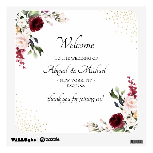 Burgundy Floral Gold Foil Wedding Welcome Sign Wall Decal