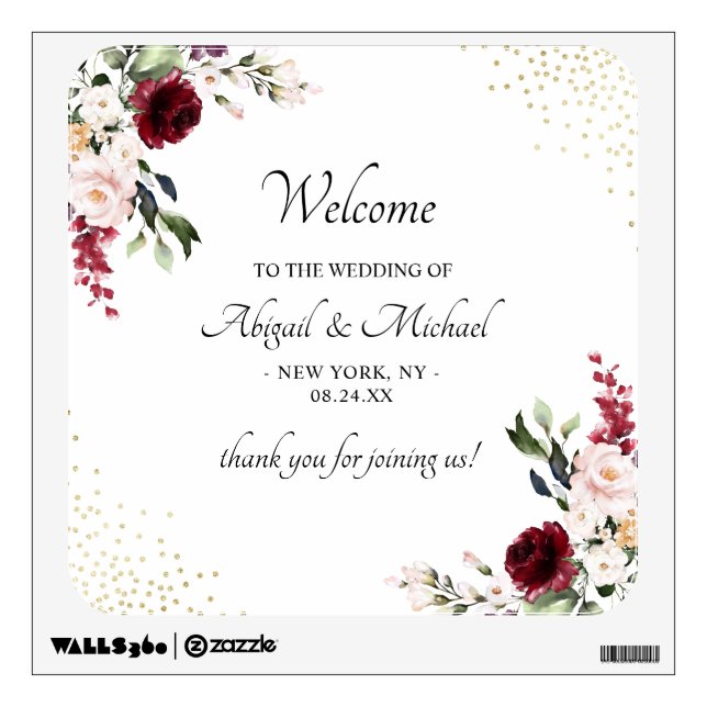 Burgundy Floral Gold Foil Wedding Welcome Sign Wall Decal (Front)