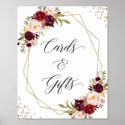 Burgundy Floral Gold Frame Cards and Gifts Sign - Burgundy Floral Gold Frame Cards and Gifts Sign Poster. 
(1) The default size is 8 x 10 inches, you can change it to a larger size.  
(2) For further customization, please click the "customize further" link and use our design tool to modify this template. 
(3) If you need help or matching items, please contact me.