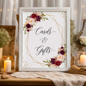 Burgundy Floral Gold Frame Cards And Gifts Sign by CardHunter at Zazzle