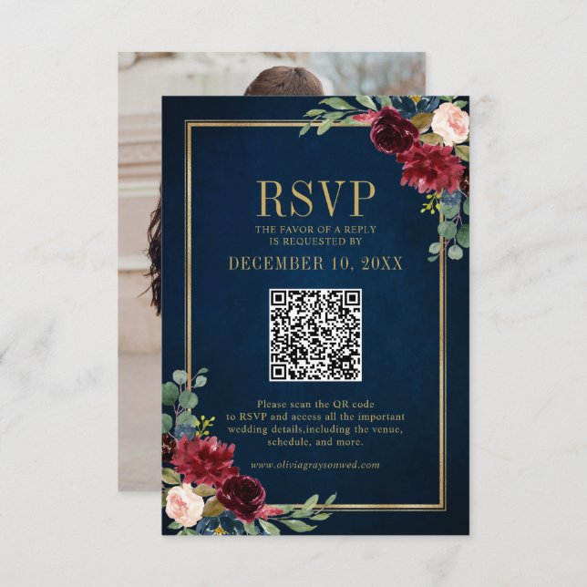 Burgundy Floral Gold Frame Navy Blue QR code RSVP (Front/Back)