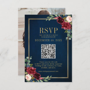 Burgundy Floral Gold Frame Navy Blue QR code RSVP