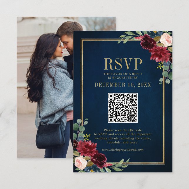 Burgundy Floral Gold Frame Navy Blue QR code RSVP Card (Front/Back)