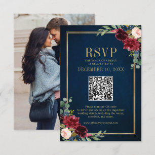 Burgundy Floral Gold Frame Navy Blue QR code RSVP Card
