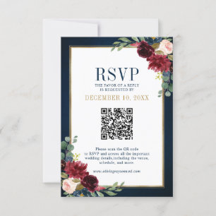 Burgundy Floral Gold Frame Navy Blue QR code RSVP Card