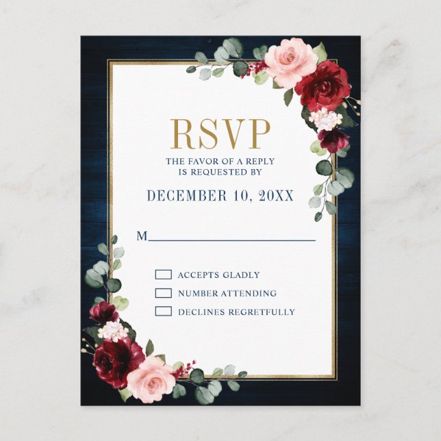 Burgundy Floral Gold Frame Navy Blue Wedding Postc Postcard (Front)