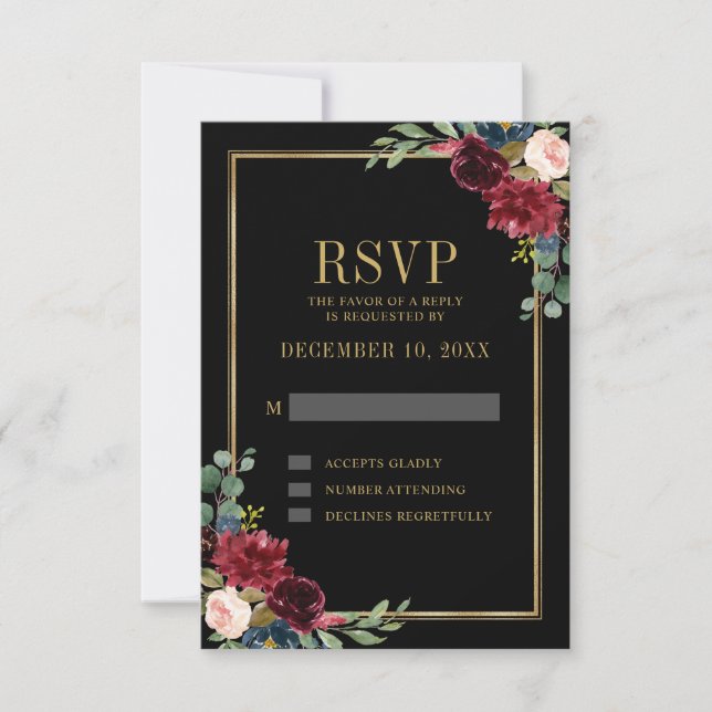 Burgundy Floral Gold Frame Navy Blue Wedding RSVP (Front)