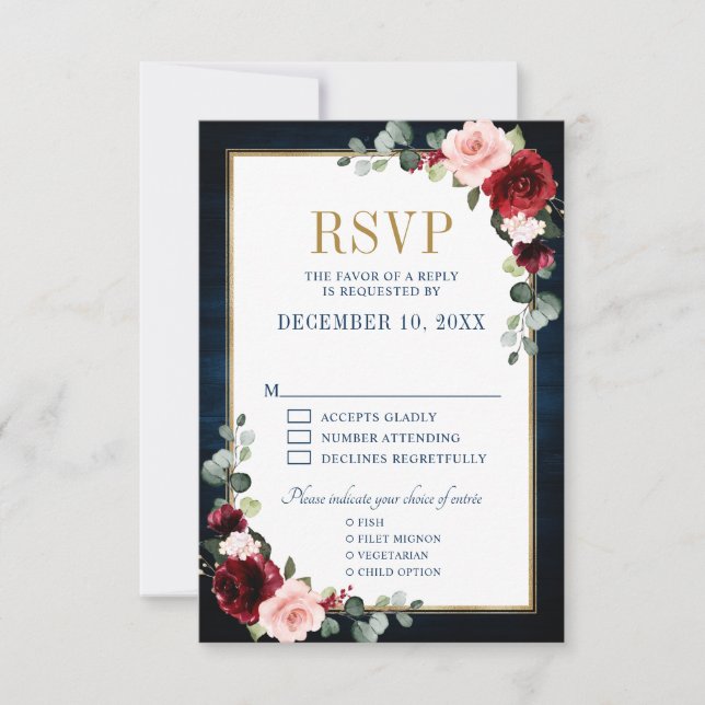 Burgundy Floral Gold Frame Navy Blue Wedding RSVP  (Front)