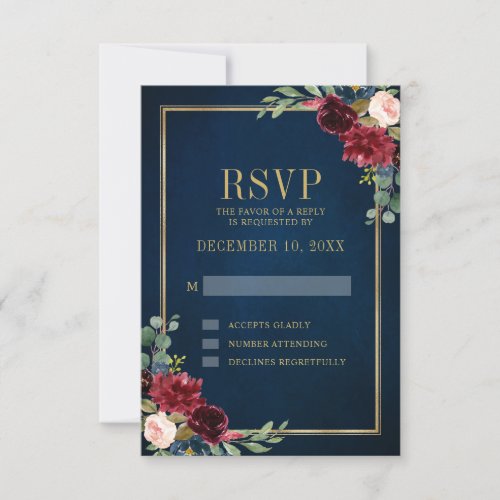 Burgundy Floral Gold Frame Navy Blue Wedding RSVP Card