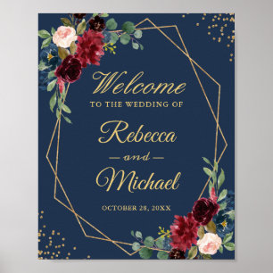 Burgundy Floral Gold Frame Navy Blue Wedding Sign