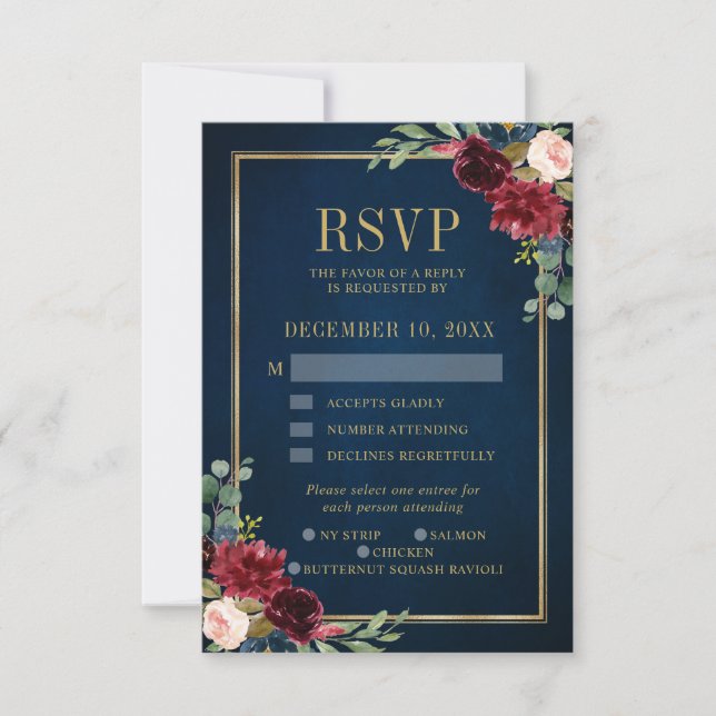 Burgundy Floral Gold Frame Navy Wedding RSVP card (Front)