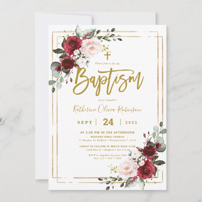 Burgundy Floral Gold Frame Photo Baptism  Invitation (Front)