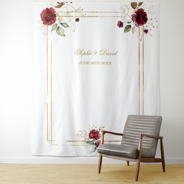 Burgundy Floral Gold Frame Photo Booth Backdrop (In Situ)