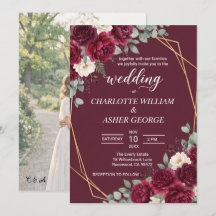 Burgundy Floral Gold Frame Photo Wedding Invitatio