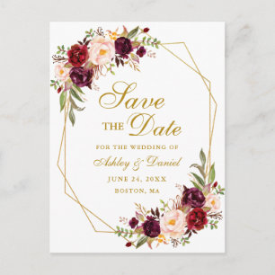 Burgundy Floral Gold Frame Save the Date Announcement Postcard