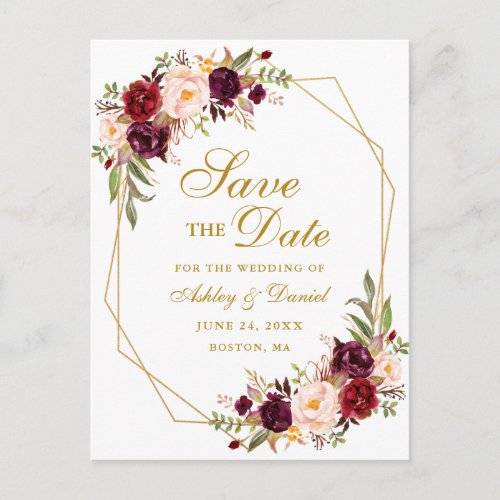 Burgundy Floral Gold Frame Save the Date Announcement Postcard