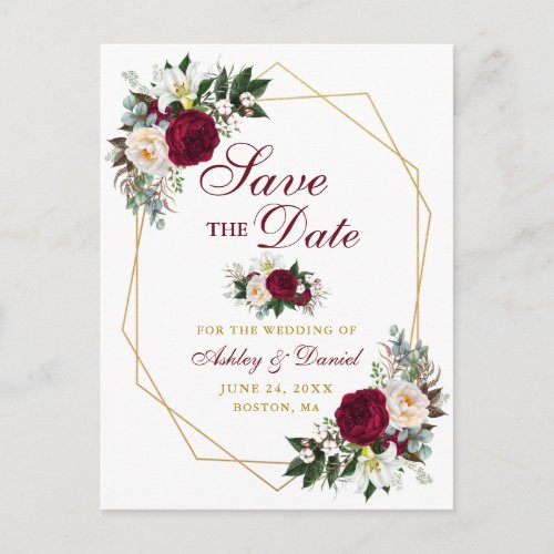 Burgundy Floral Gold Frame Save The Date Announcement Postcard