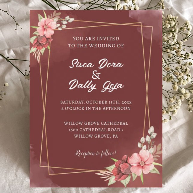 Burgundy Floral Gold Frame Wedding Invitation (Creator Uploaded)