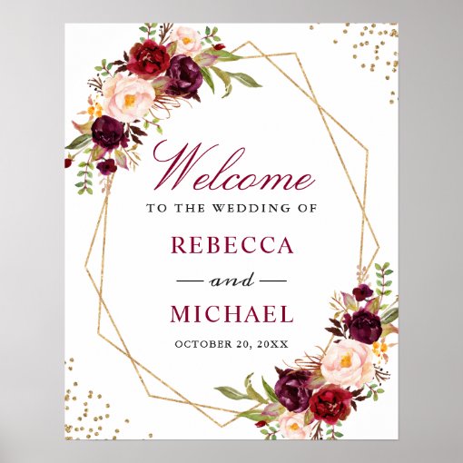 Burgundy Floral Gold Frame Wedding Welcome Sign | Zazzle