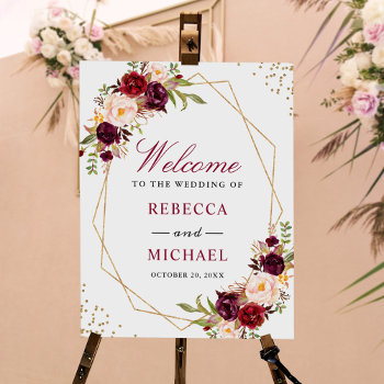 Burgundy Floral Gold Frame Wedding Welcome Sign by CardHunter at Zazzle