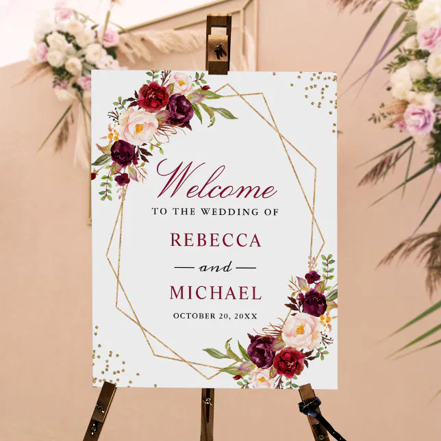 Burgundy Floral Gold Frame Wedding Welcome Sign | Zazzle