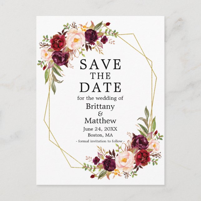 Burgundy Floral Gold Geo Frame Save the Date Postcard (Front)