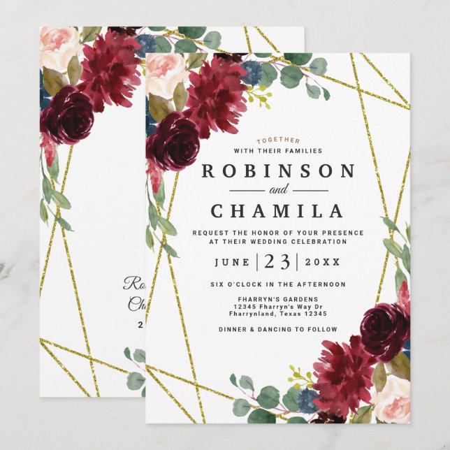 Burgundy Floral Gold Geometric Greenery Wedding Invitation (Front/Back)
