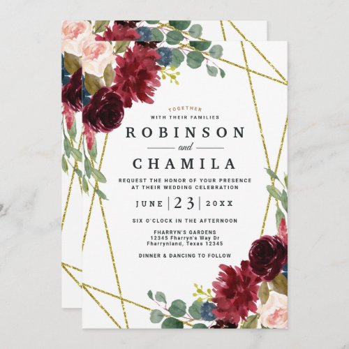 Burgundy Floral Gold Geometric Greenery Wedding Invitation