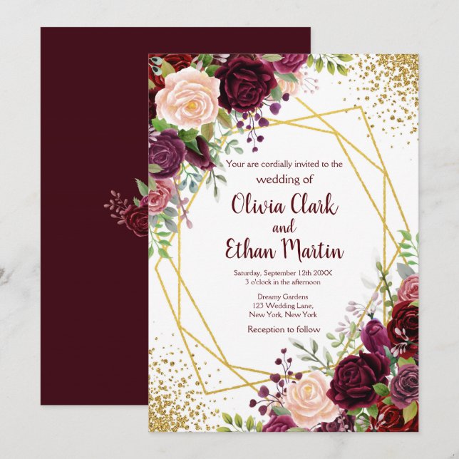 Burgundy Floral Gold Geometric Invitation (Front/Back)