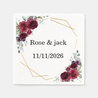 Burgundy Floral Gold Geometric Wedding Paper Napki Napkins