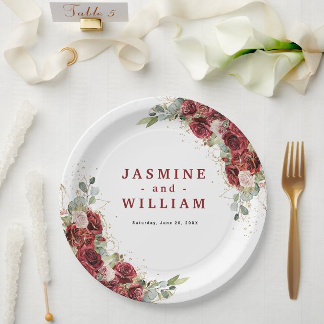  Burgundy Floral Gold Geometric Wedding Paper Plates (Wedding)