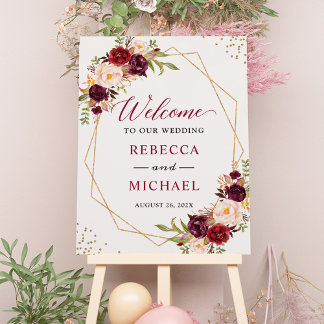 Burgundy Floral Gold Geometric Wedding Sign Foam